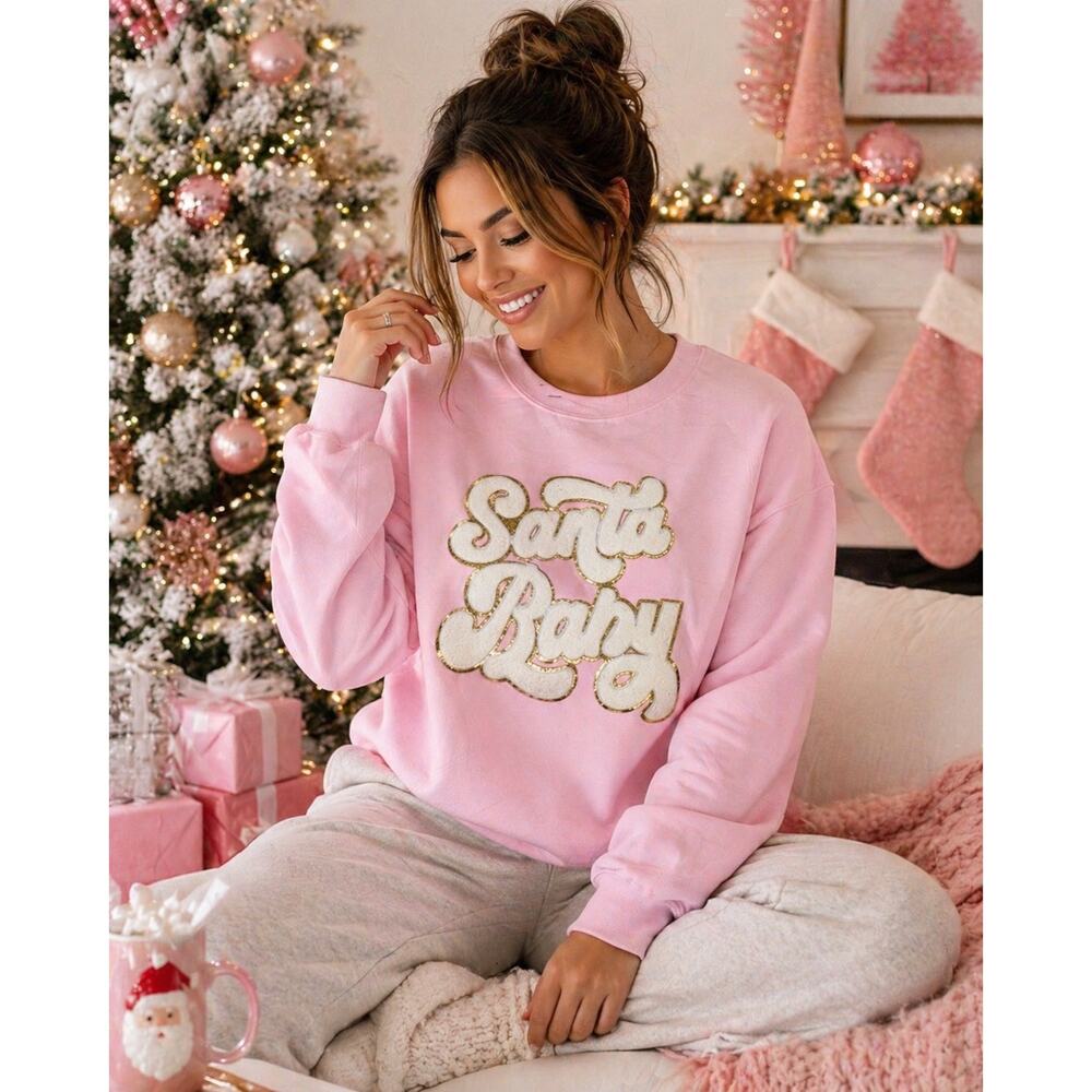 NEW Keep It Gypsy Santa Baby Pink Christmas Sweatshirt Chenille Patch Graphic